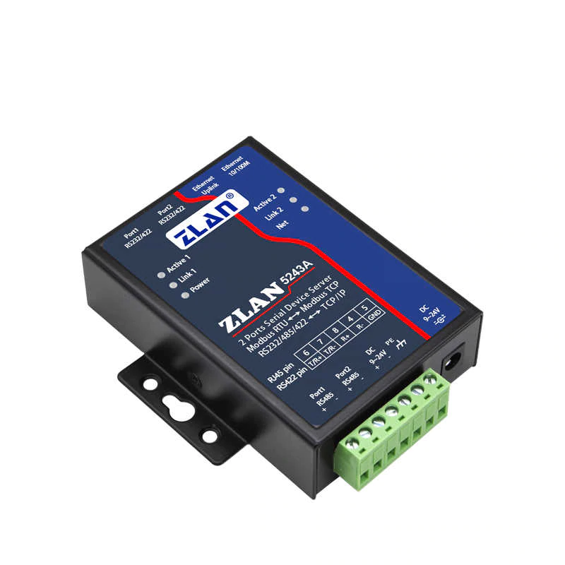 ZLAN industrijski 2-portni RS-232/422/485 serijski device server i MODBUS gateway ZLAN5243A, RJ-45 port za RS-232/422 i terminal za RS-485, 2 x LAN za kaskadu do 4 uređaja, 2KV izolacija, metal case, 9~24Vdc, -40~85°C