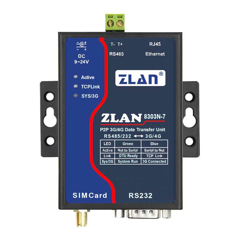 ZLAN industrijski 4G LTE ruter i "P2P" RS-232/485 serijski device server ZLAN8303N-7, DB9 port za RS-232 i terminal za RS-485, 1 x LAN, SIM slot, SMA antena sa postoljem, metal case, 9~24Vdc (kupuje se posebno), -40~85°C