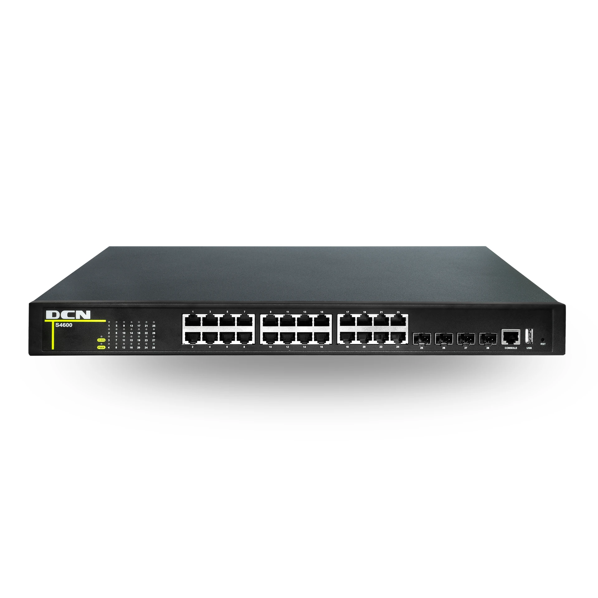 DCN L2 svič S4600-28X-SI 24 x Gigabit (24xUTP) + 4 x 10GBase-X (SFP+), IPv4/IPv6 Dual Stack, N:1 VLAN Translation, MVR, ACL, DoS, Ring Protection G.8032, MRPP, OAM 802.3ah/802.3ag, VCT, DDM, EEE 802.3az Fanless