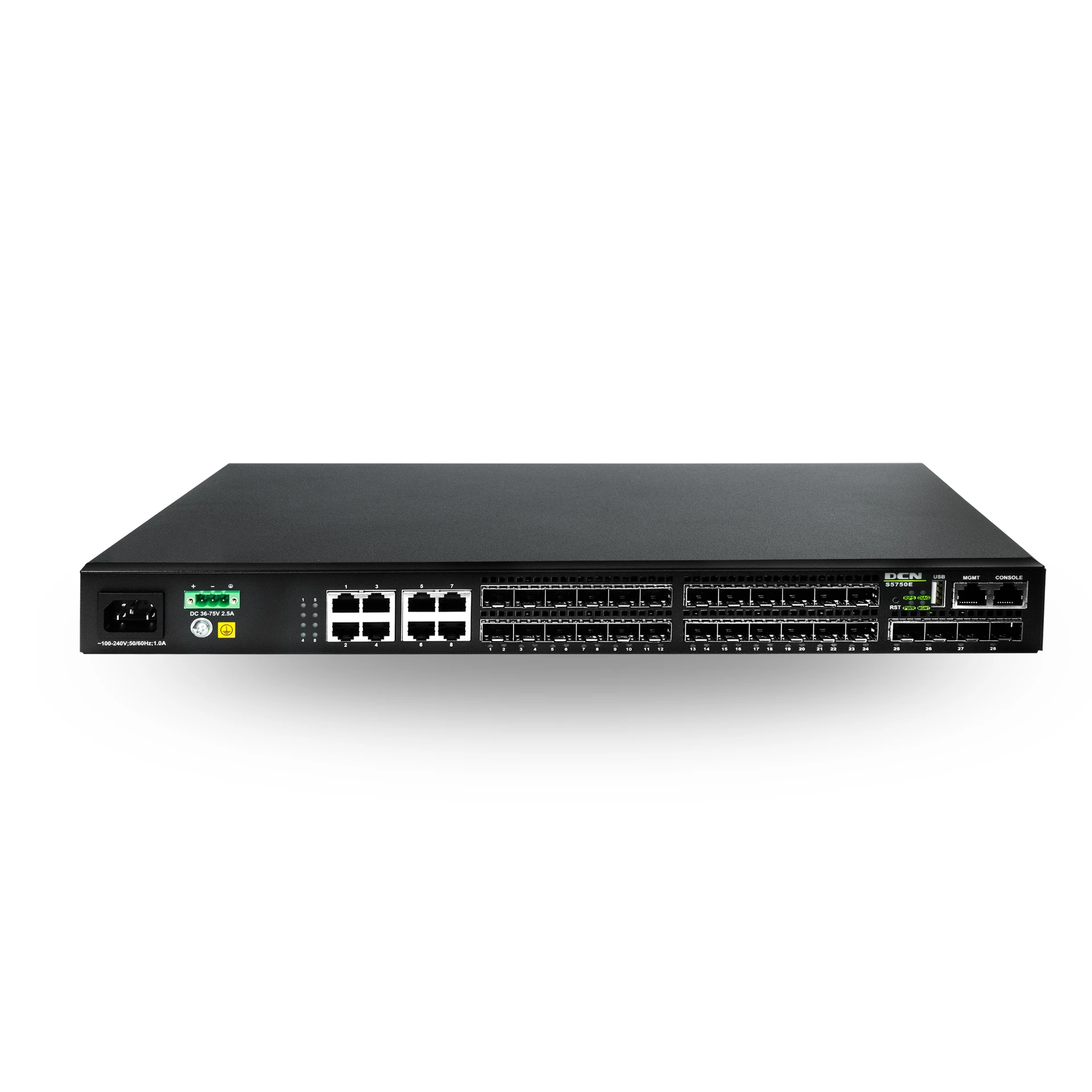 DCN L3 fiber svič S5750E-28F-SI-D/R 24 x Gigabit (16xSFP+8xCombo SFP/UTP) + 4 x 10GBase-X (SFP+), QinQ, MVR, RIPng/OSPF v3/BGP4+, ACL, VRRP/MRPP, OAM EFM/CFM, VCT, DDM, VSF, EEE 802.3az Smart Fan, AC+DC Redundant PSU