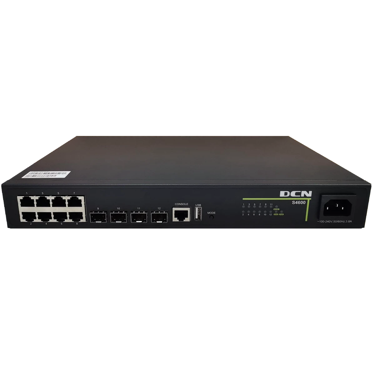 DCN L3-lite PoE+ svič S4600-12X-P-SI 8 x Gigabit (125W power budžet) + 4 x 10GBase-X (SFP+), USB i konzolni port, QinQ, MVR, static routing & PBR, ACL, MRPP, OAM EFM/CFM, VCT, DDM, bez ventilatora