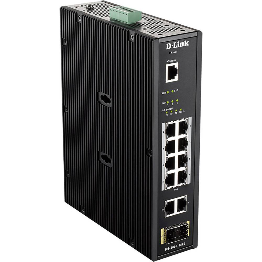 D-Link DIS-200G-12S industrijski upravljivi svič 10xGE + 2xSFP, RJ45 CLI, 50ms Ring Recovery, Auto Surveillance mod, dual terminal 12~48VDC (bez napajanja), IP30 DIN/wall kućište, fanless, -40~65°C, MTBF 276773h
