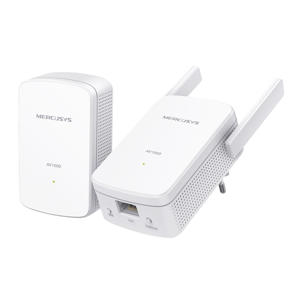Mercusys MP510 KIT AV1000Mb/s Gigabit Powerline WiFi N300Mb/s Kit (MP510 + MP500) – Broadcom CPU, 1 x Gigabit Ethernet port 10/100/1000Mb/s, 2 antene, domet do 300m na istom strujnom krugu, 128-bit AES kriptovanje