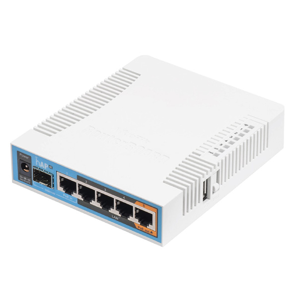 MikroTik hAP ac RB962UiGS-5HacT2HnT WiFi AC1750Mb/s High Power 800mW dual band 2.4GHz & 5GHz 802.11ac/a/b/g/n VPN Gigabit ruter 5 LAN / WAN + SFP fiber, PoE in & out, USB za LTE & storage, 128MB, temp -20º÷60ºC, ROS L4