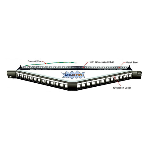 Patch panel modularni shielded 19"/0.65U ugaoni sa 24 slota za STP / UTP module, ušteda prostora u reku 35% (do 72 porta u 2U), sa držačem kablova sa zadnje strane i uzemljenjem (Full FA-2590AS-24-0.65U) – bez modula