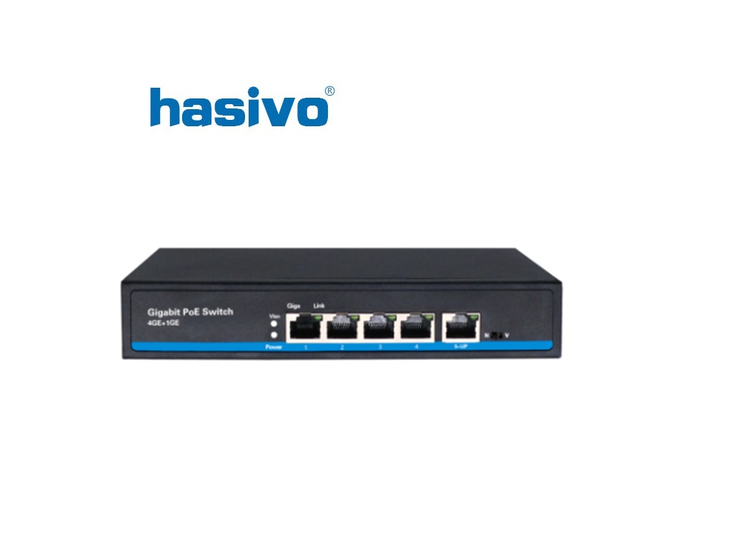 Hasivo S600P-4G-1G-Ai-65W PoE++ svič 5 gigabit portova 10/100/1000Mb/s / 4 PoE, 802.3af/at/bt, port 1 do 60W, port VLAN isolation, PoE watchdog, extend mode do 250m, prenaponske zaštite, interno napajanje 100-240V AC