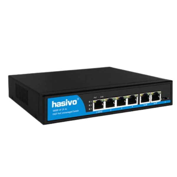 Hasivo S600P-4F-2F-AI-80W PoE++ svič 6 portova 10/100Mb/s / 4 PoE, 802.3af/at/bt, port 1 do 60W, port VLAN isolation, PoE watchdog, extend mode do 250m, prenaponske zaštite, interno napajanje 100-240V AC / 50-60Hz