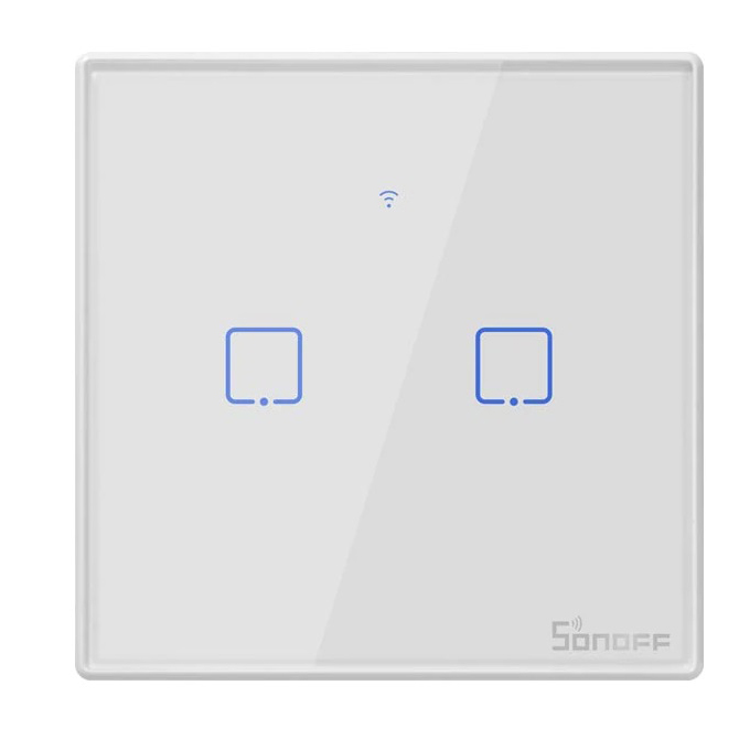 SONOFF T2-TX smart-home zidni prekidač dvostruki, belo staklo sa LED indikacijom, 86x86mm, RF 433MHz & WiFi 2.4GHz kontrola, timer i smart scenarija, besplatna eWeLink app, Amazon Alexa / Google Assistant & Nest / IFTTT
