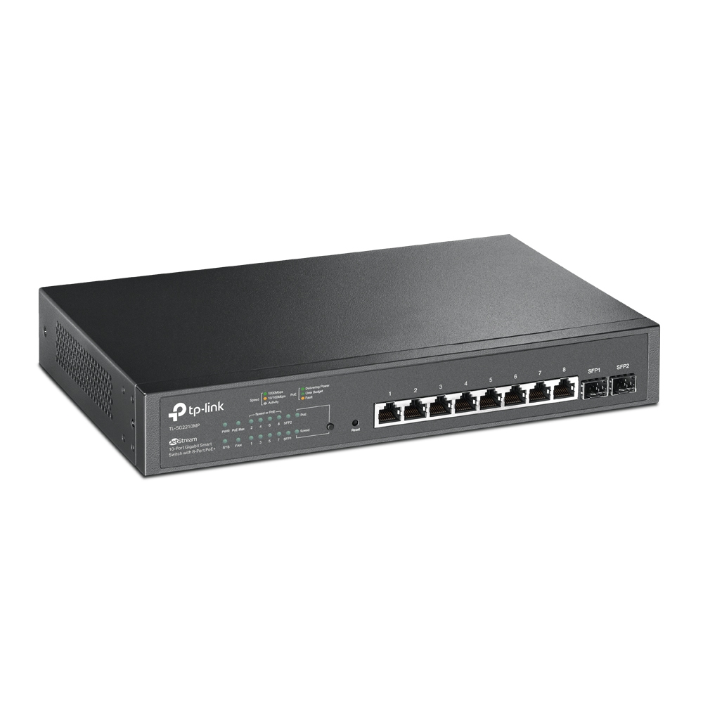 TP-Link TL-SG2210MP Omada PoE+ upravljiv cloud svič 8 x 10/100/1000Mb/s PoE 802.3at/af do 150W + 2 SFP GbE, VLAN, SNMP, RMON, L2~L4 QoS, IGMP, ACL, port security, ZeroTouch Provision, Web / iOS / Android / Win / Linux ap