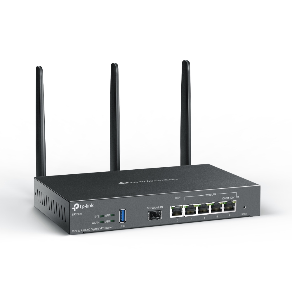TP-Link ER706W Omada WiFi 6 AX3000Mb/s VPN Firewall IDS/IPS ruter 6 Gigabit LAN/WAN SFP + 5 RJ45 + USB3.0 (4G LTE, Storage), IPsec / OpenVPN / WireGuard / PPTP / L2TP, Load balance, Mesh, Cloud/Web/iOS/Andr/Win/Linux ap