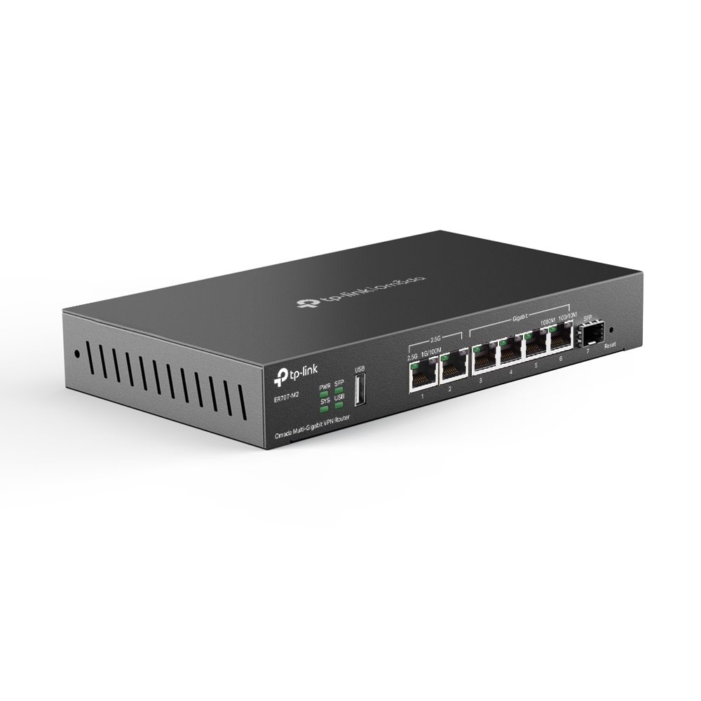 TP-Link ER707-M2 Omada VPN Gigabit Firewall ruter - 1 SFP WAN + 1× 2.5G WAN + 1× 2.5G WAN/LAN + 4 x WAN/LAN, USB 2.0 WAN (za 4G/3G modeme), VPN IPsec / OpenVPN / L2TP / PPTP, smart load balance / Omada app