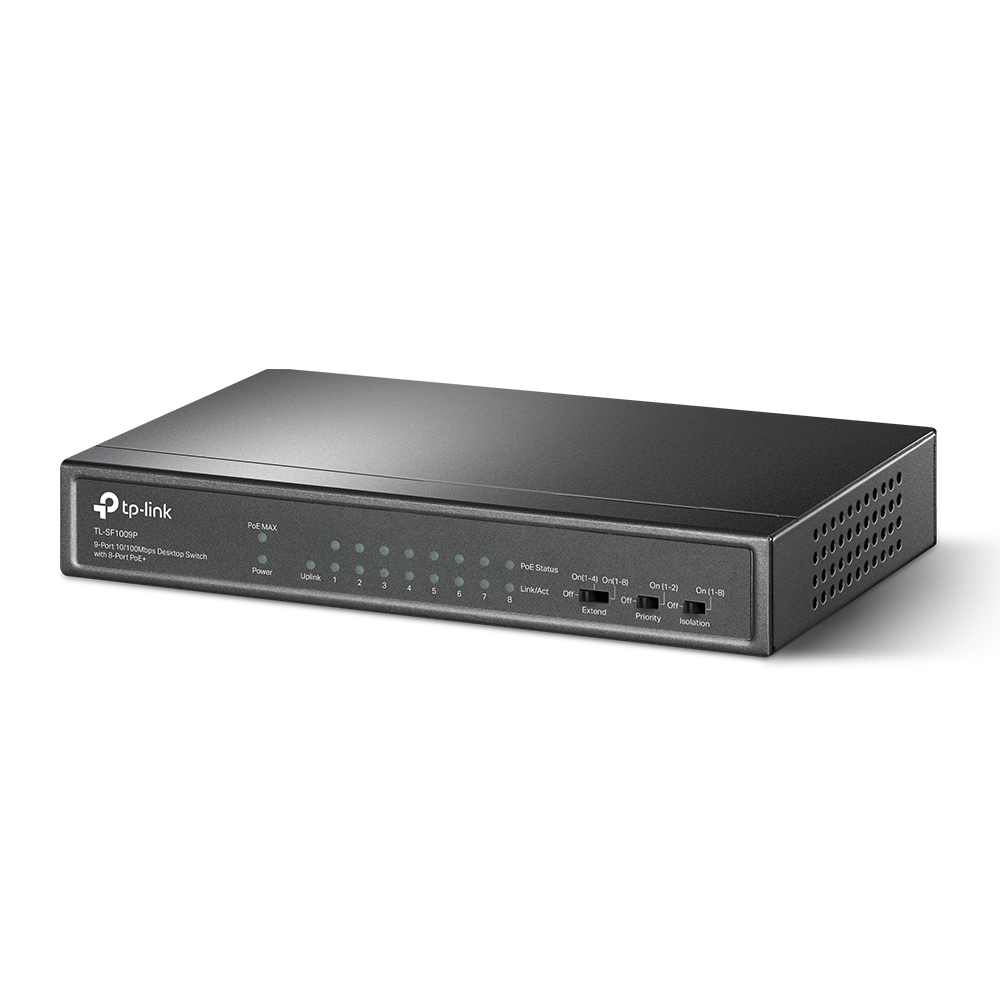 TP-Link TL-SF1009P desktop PoE svič 9-port 10/100Mb/s, 8 x PoE+ porta 802.3af/at do 65W (do 30W po portu), Extend Mode - do 250m dometa, idealan za IP video-nadzor, Priority Mode, Isolation Mode, metalno kućište
