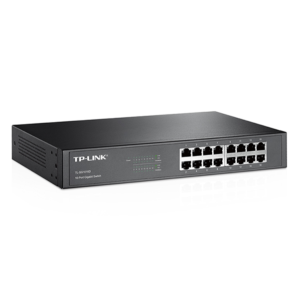TP-Link TL-SG1016D 16-port Gigabit 10/100/1000Mb/s desktop/ 19" rack svič, non-blocking architecture full wire-speed 32Gb/s capacity, 802.3x flow control, 10K jumbo frame, auto-uplink every port, eco-efficient max. 13.3W