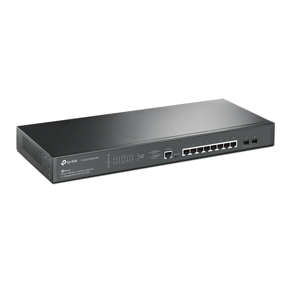 TP-Link TL-SG3210XHP-M2 Omada PoE+ L3-lite upravljiv cloud svič 8 x 2.5GbE PoE 802.3at/af do 240W + 2 x 10GbE SFP+, VLAN, SNMP, RMON, L2~L4 QoS, IGMP, ACL, Zero-Touch Provisioning, Web / iOS / Android / Win / Linux ap