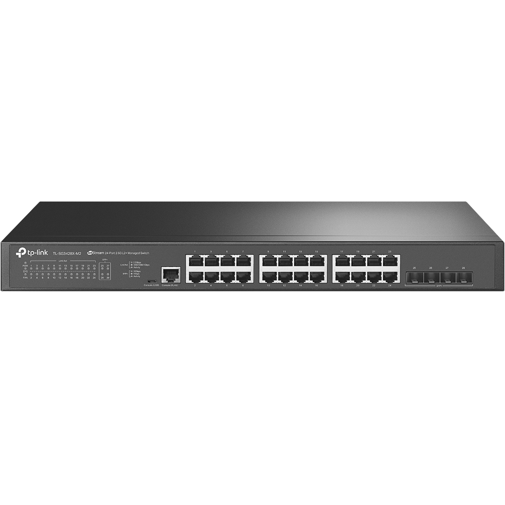 TP-Link TL-SG3428X-M2 Omada L3-lite upravljiv cloud svič 24 x 2.5GbE port + 4 x 10GbE SFP+, VLAN, SNMP, RMON, L2~L4 QoS, IGMP, ACL, port security, Zero-Touch Provisioning, Web / iOS / Android / Win / Linux app