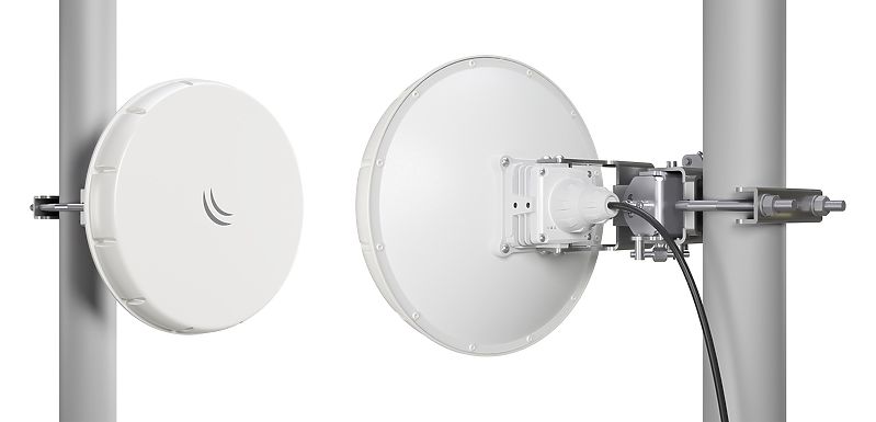 MikroTik Wireless Wire nRAY 2Gb/s gigabit aggregate outdoor PtP link (komplet 2 kom) 802.11ad na 60GHz dometa 1500m sa tanjir antenom 26cm, plug & play, AES kriptovanje, 802.3af/at PoE inject +24V, temp -40º÷70ºC, ROS L3